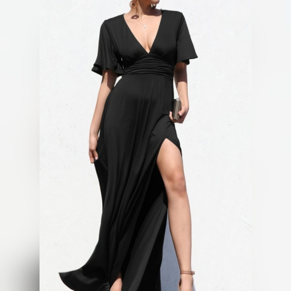 Women Black Side Slit V-Neck Rib Maxi Dress
